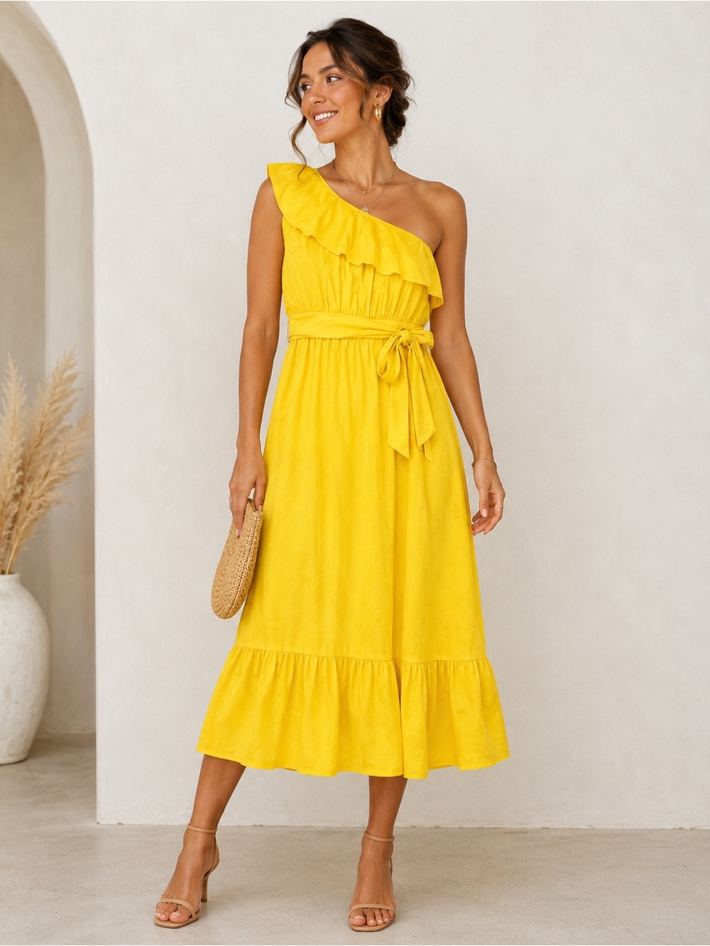 NWT Asymmetrical Tiered One Shoulder Midi Dress 2X Ruffle Belted Resort Summer